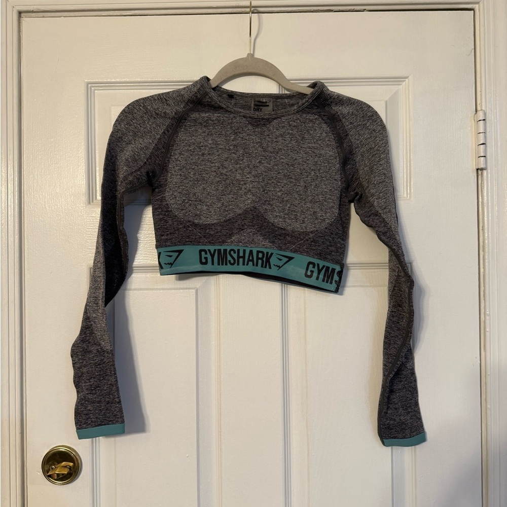 Gymshark Grey Long Sleeve Cropped Seamless Top with Teal Band